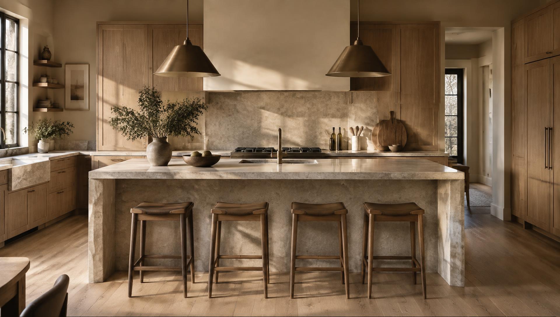 Warm, refined kitchen interior with a stone island and oak cabinetry (representative imagery)